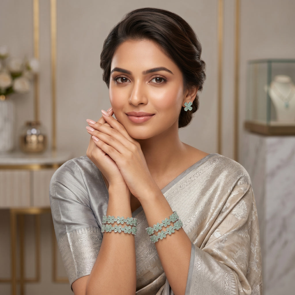Mint Floral Petal CZ Eternity Bangle Pair