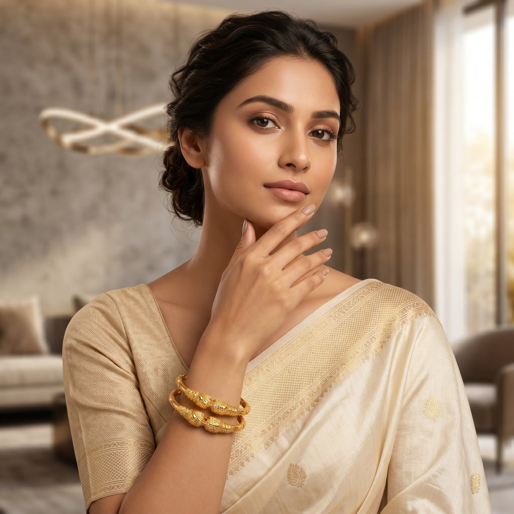 Gold Engraved Barrel Bead Plain Bangle Pair
