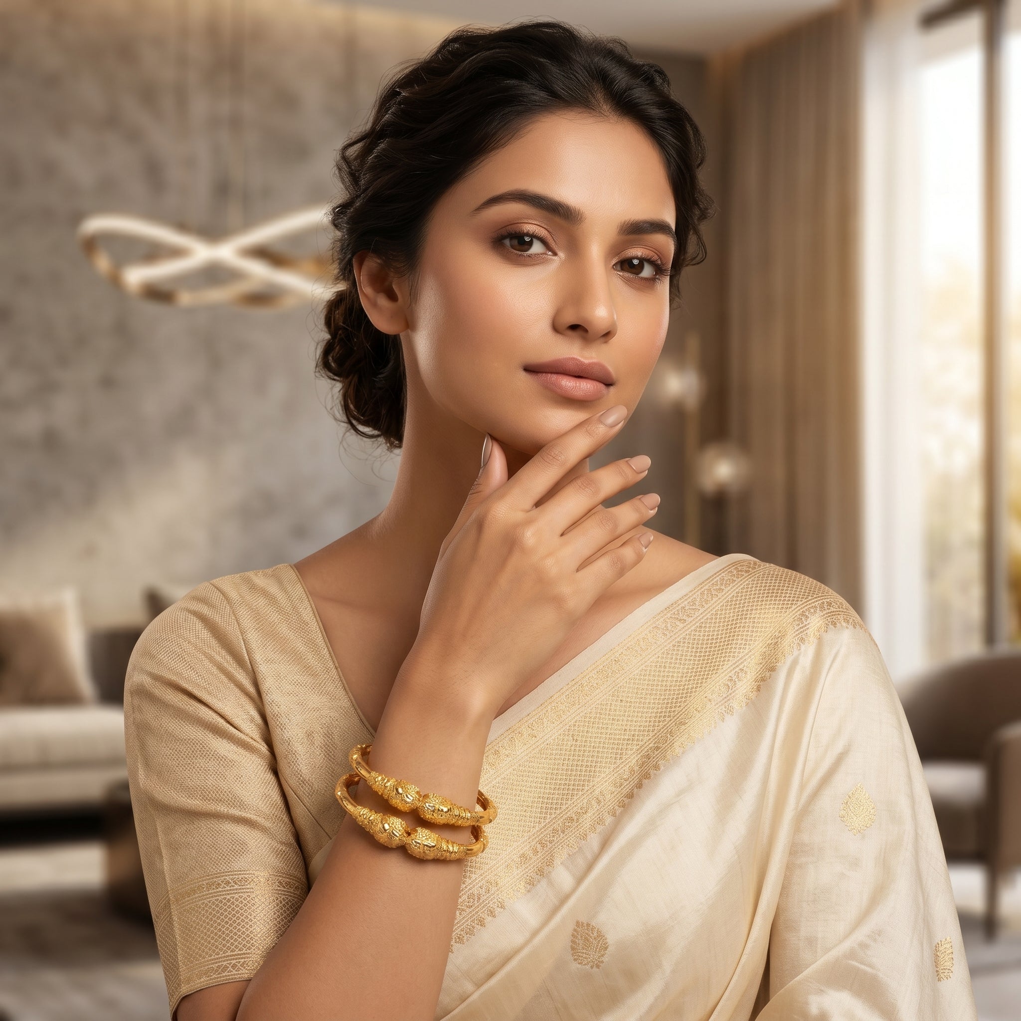 Gold Engraved Barrel Bead Plain Bangle Pair
