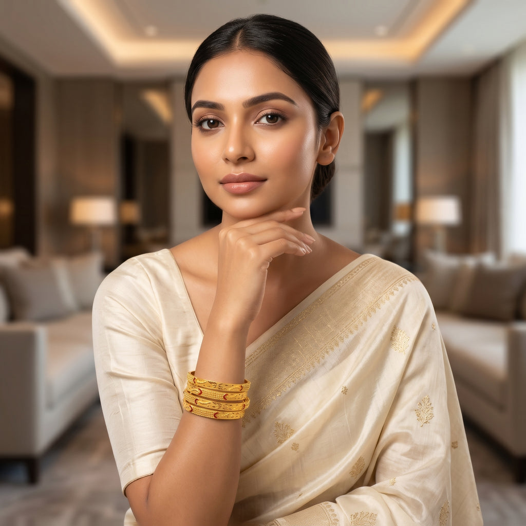 Gold Bright-Cut Crescent Meenakari Bangle Set of Four
