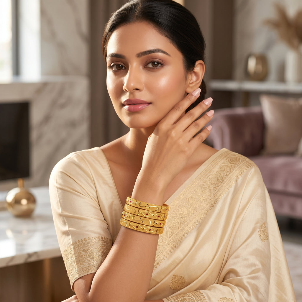 Gold Eye Motif Ruby Stone Engraved Bangle Set of Four