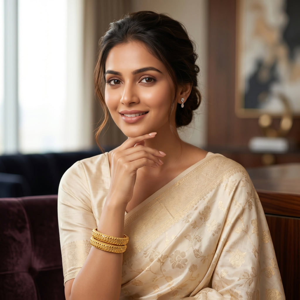 Gold Triple-Row Oval Drop Open-Work Bangle Pair