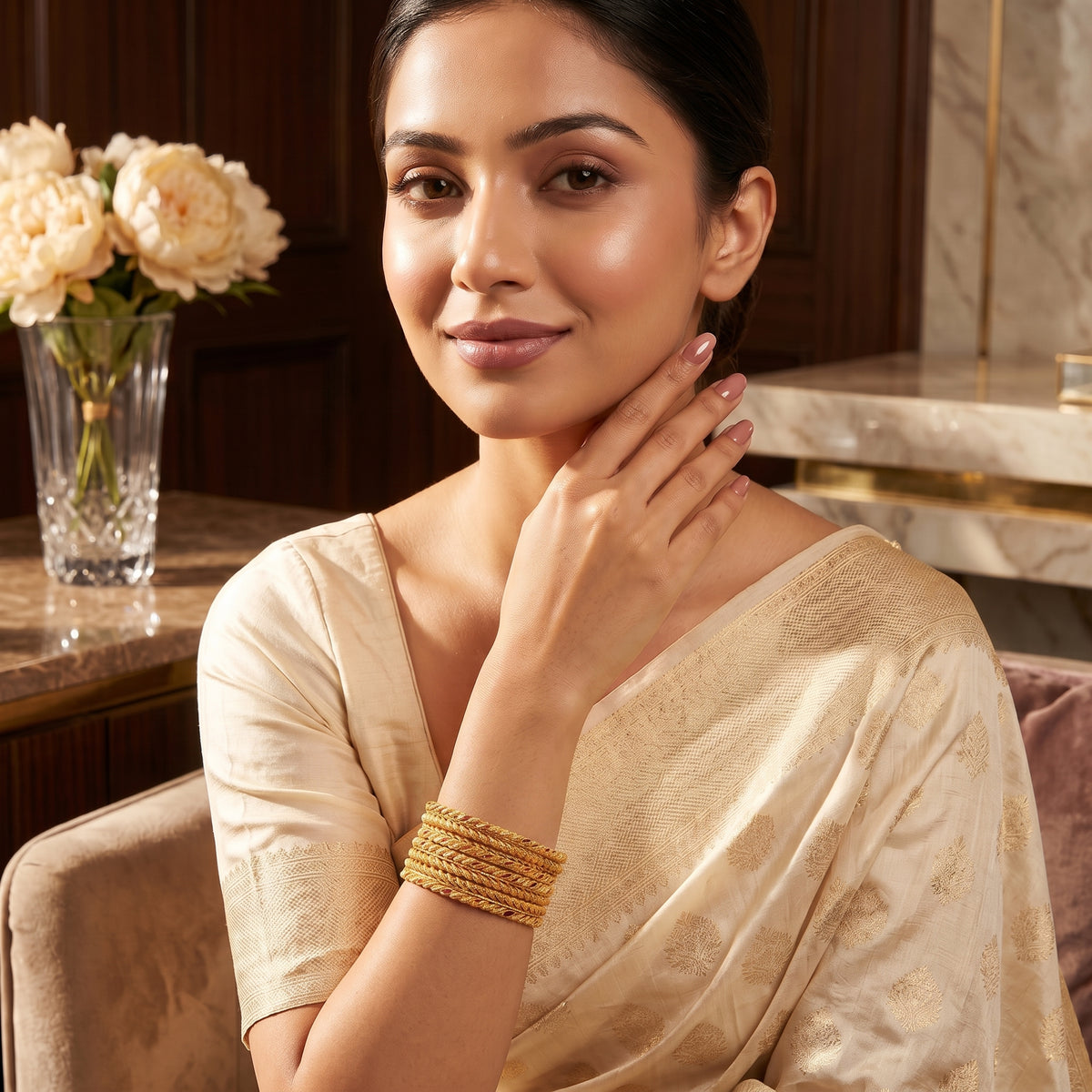 Gold Wheat Leaf Ruby Meenakari and Rope Twist Bangle Set of Four