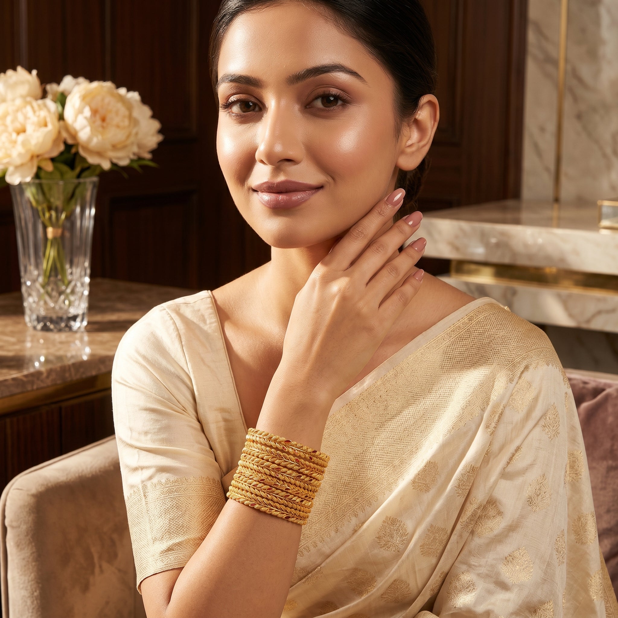 Gold Wheat Leaf Ruby Meenakari and Rope Twist Bangle Set of Four