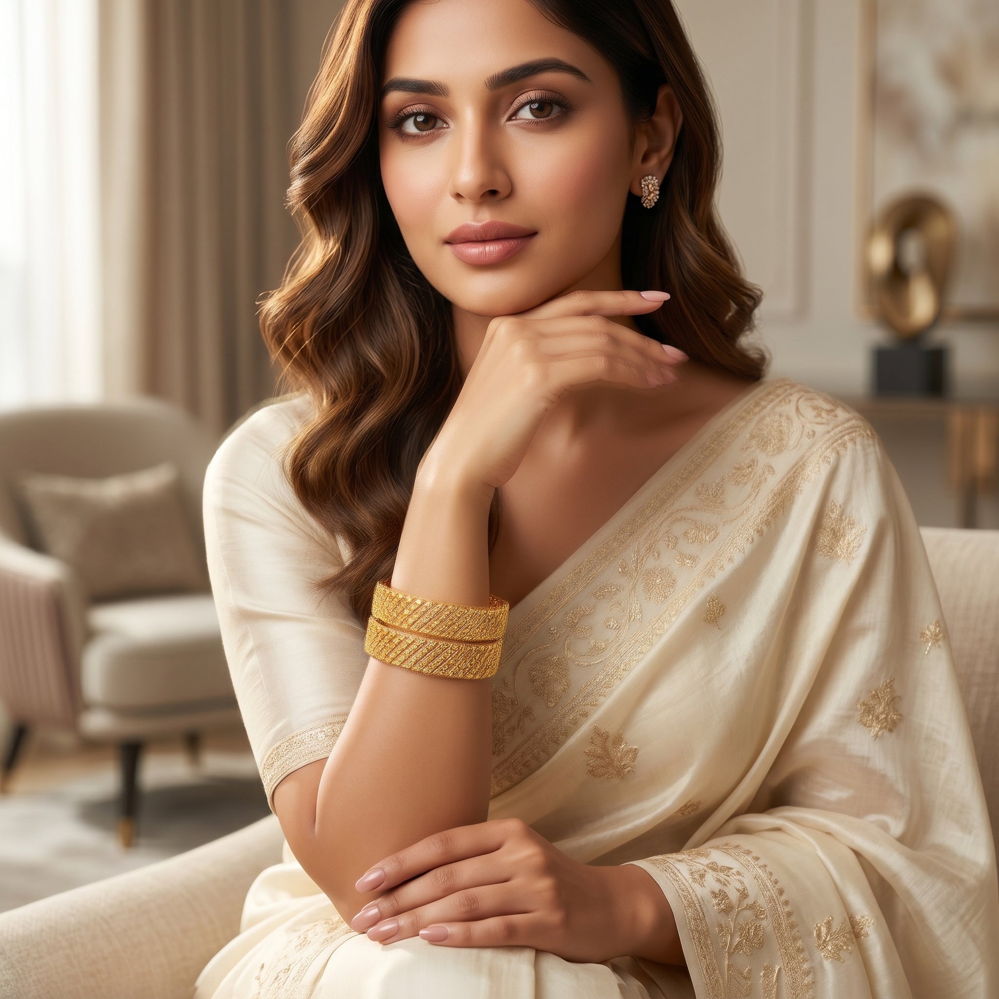 Gold Wide Diagonal Bar Open-Grille Bangle Pair