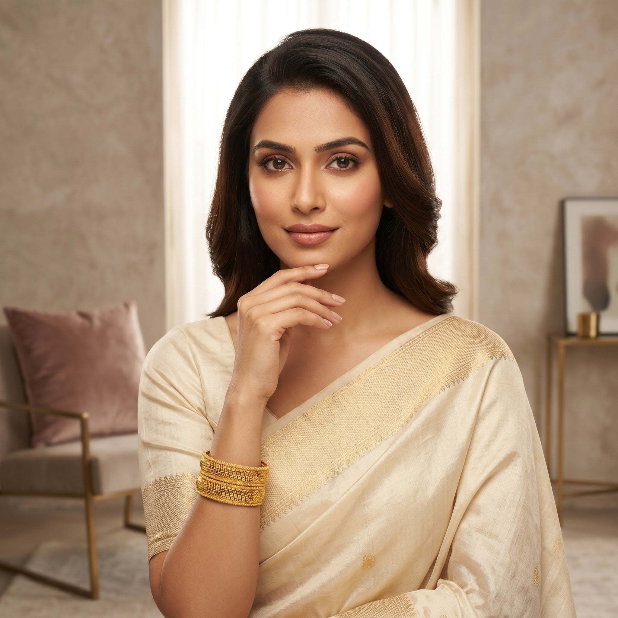 Gold Wide Rope-Bar Diagonal Open-Grille Bangle Pair