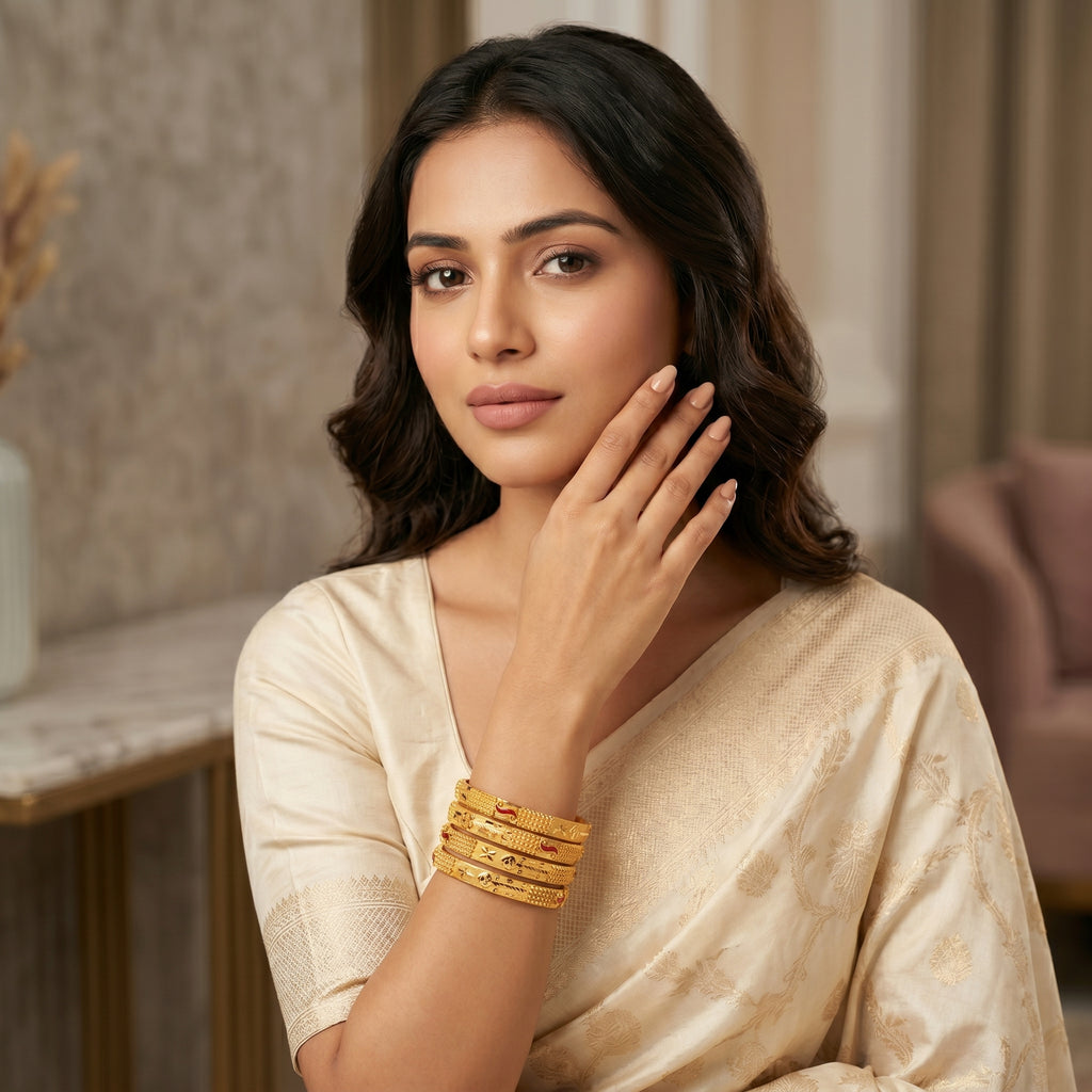 Gold Textured Enamel CZ Bangle Pair