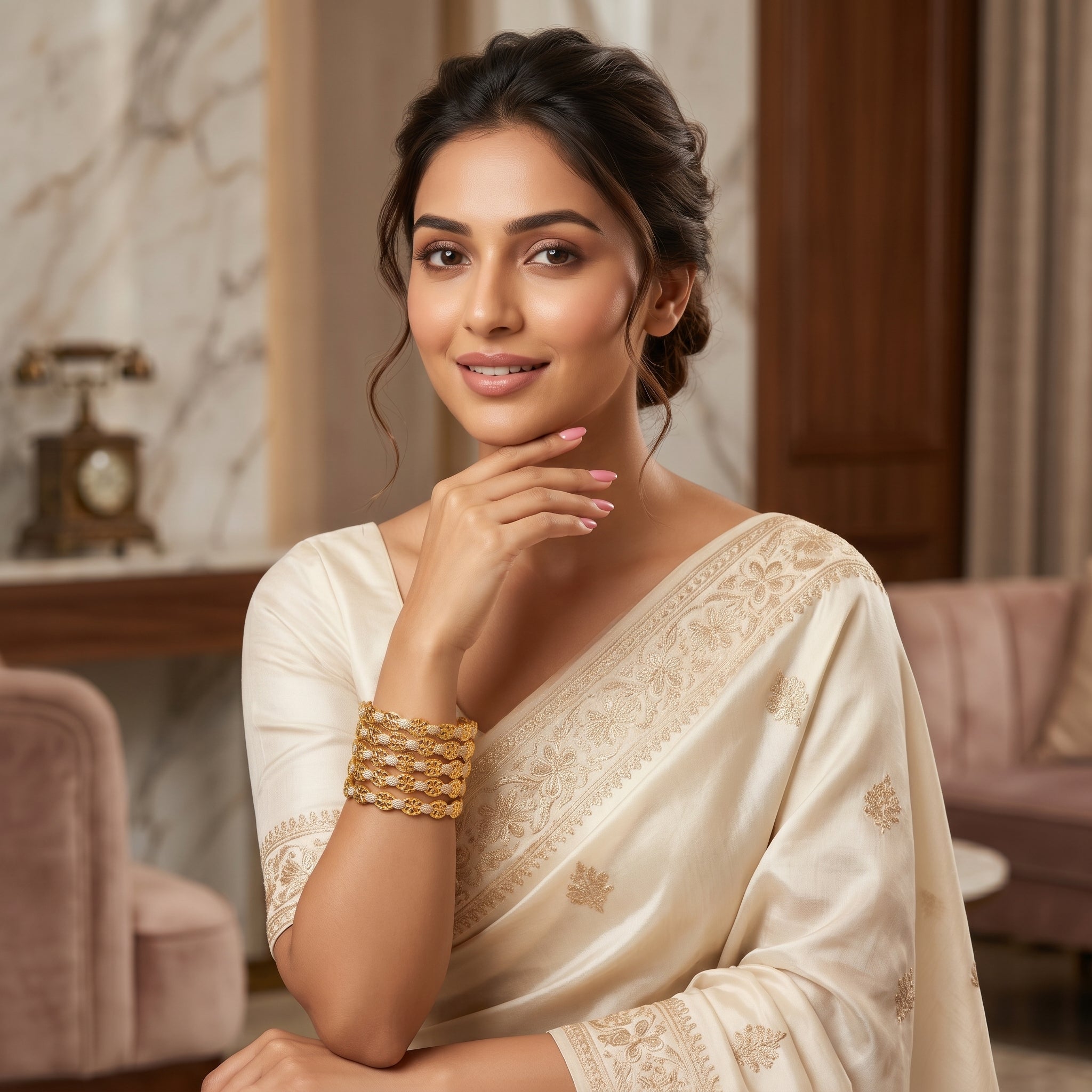 Gold Silver Floral Openwork Bangle Pair