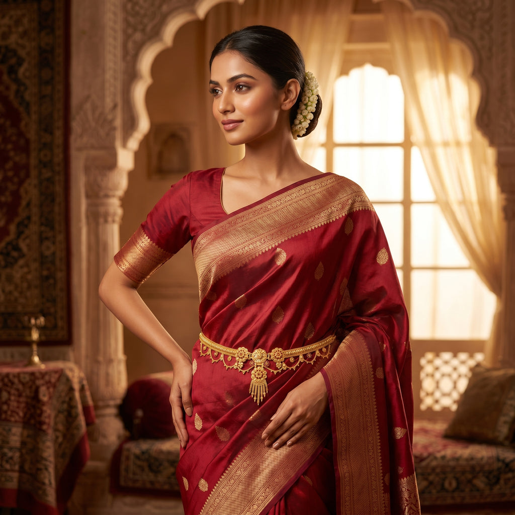 Gold Floral Medallion Ruby Tassel Kamarband