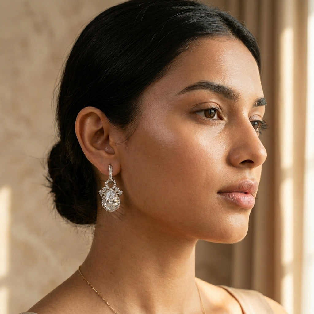 Oval Crystal Halo Drop Hoop Earrings