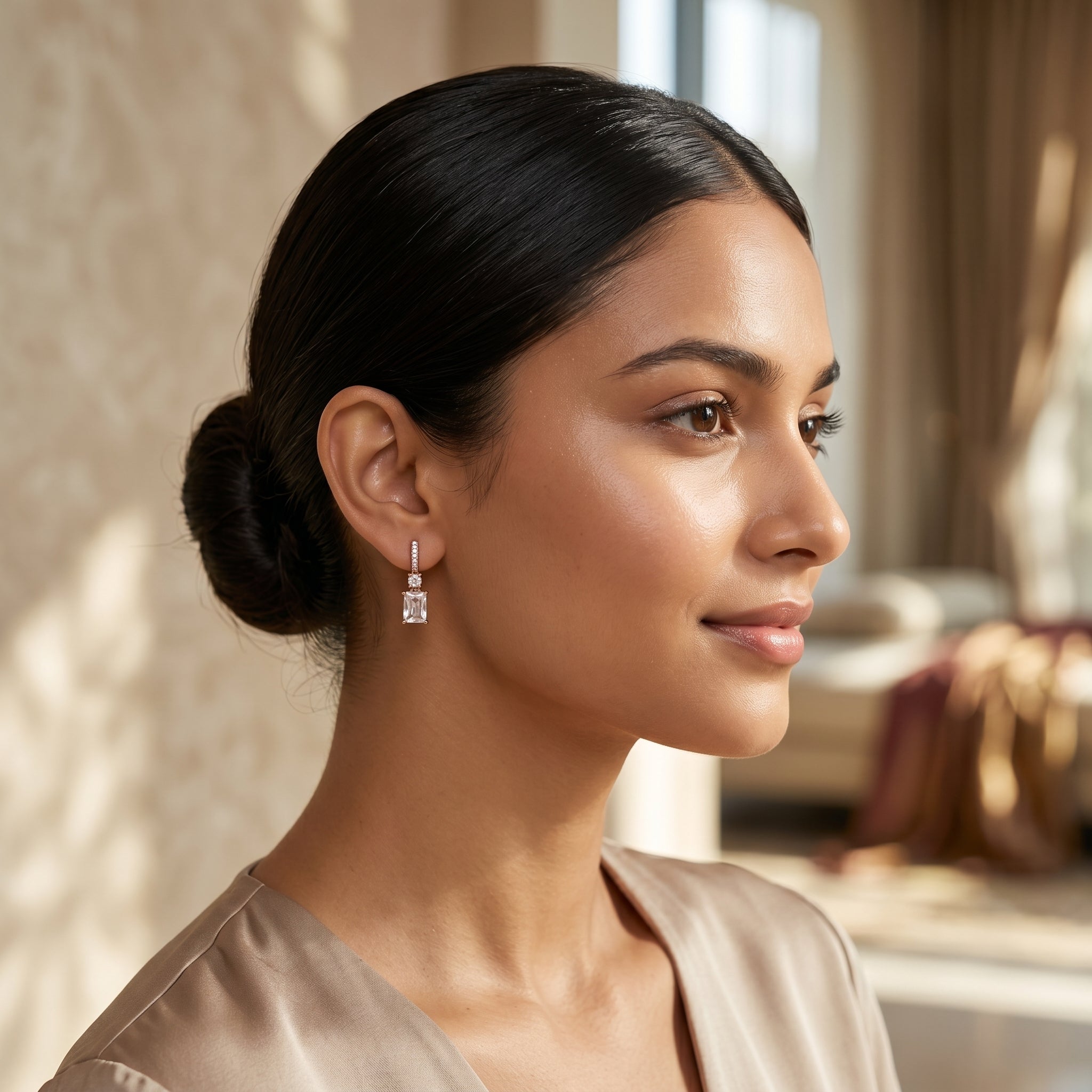 Rose Gold Emerald-Cut Crystal Drop Hoop Earrings