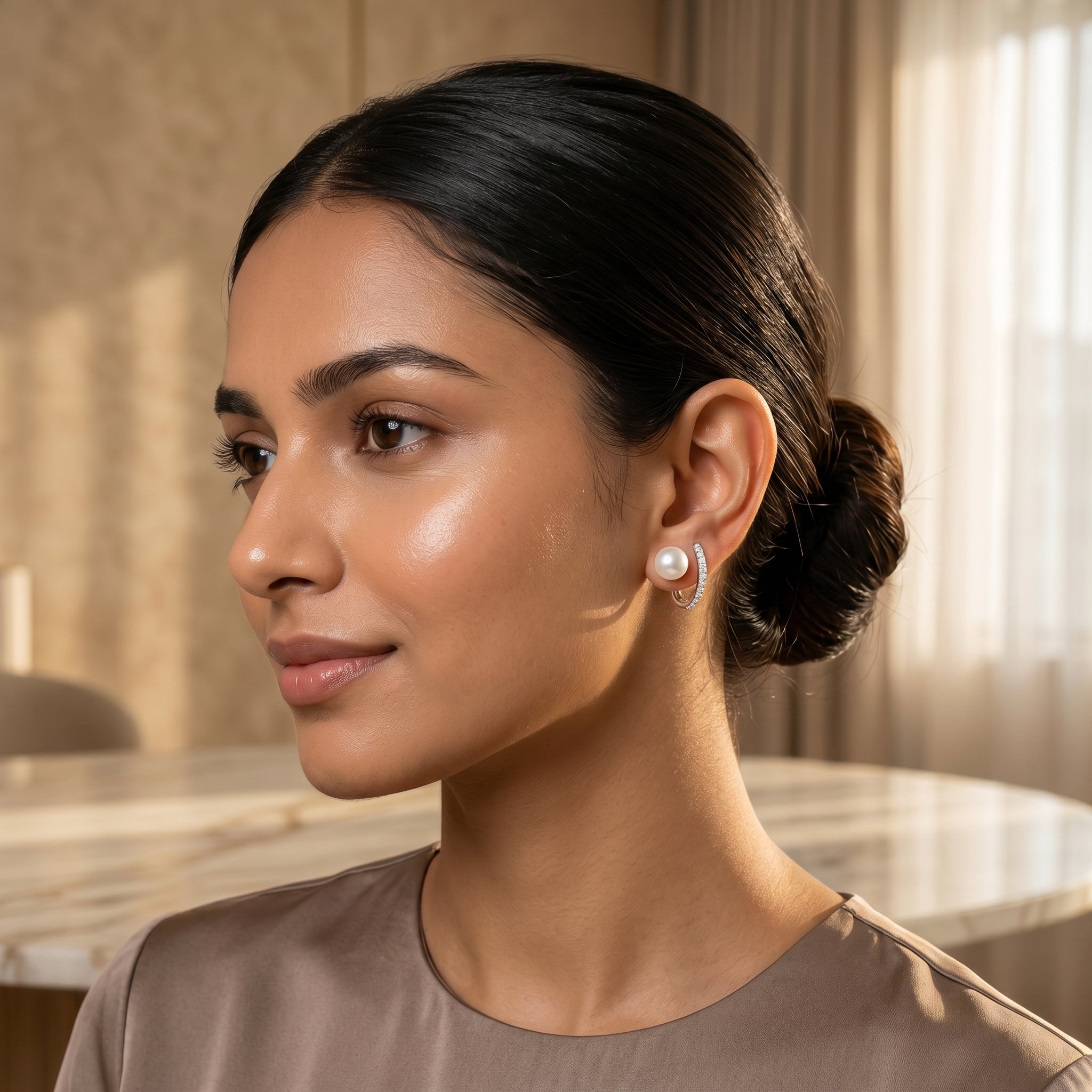 Silver Pearl Curved Pavé Wrap Earrings
