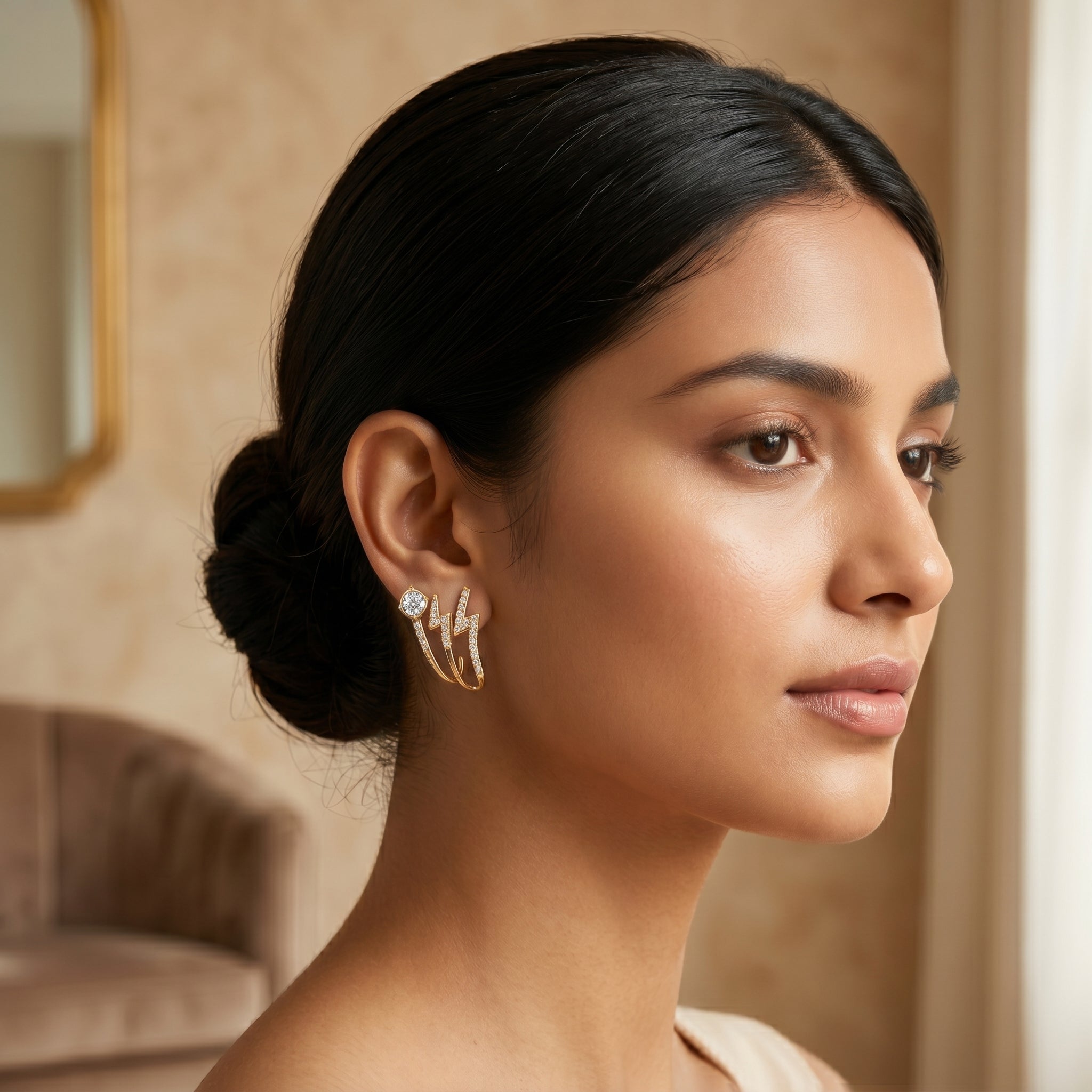 Gold Lightning Bolt Crystal Cuff Stud Earrings