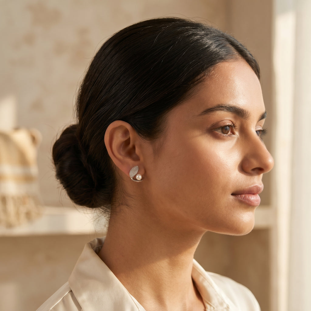 Pavé Leaf Pearl Wrap Stud Earrings