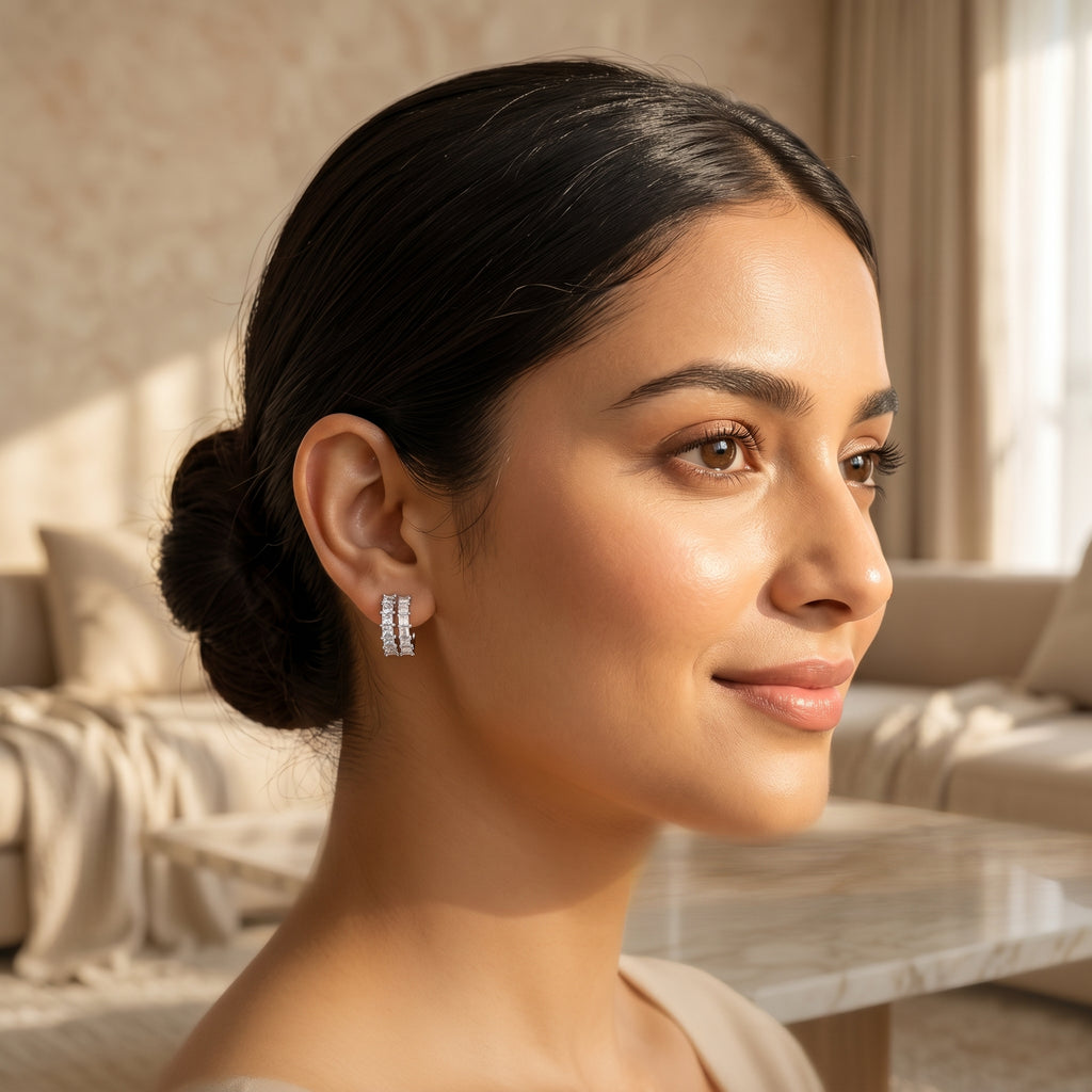 Silver Double-Row Princess-Cut Huggie Hoops Earrings