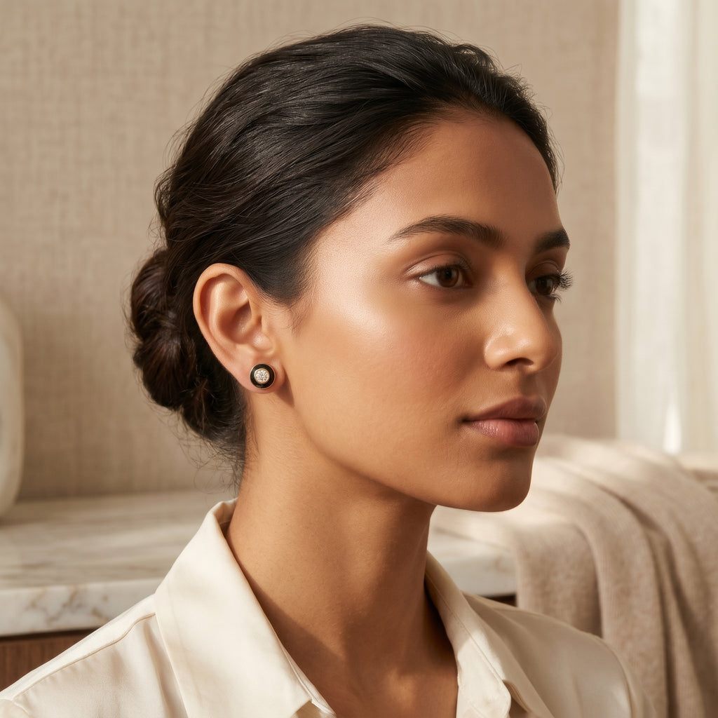 Black Enamel Bezel Crystal Stud Earrings