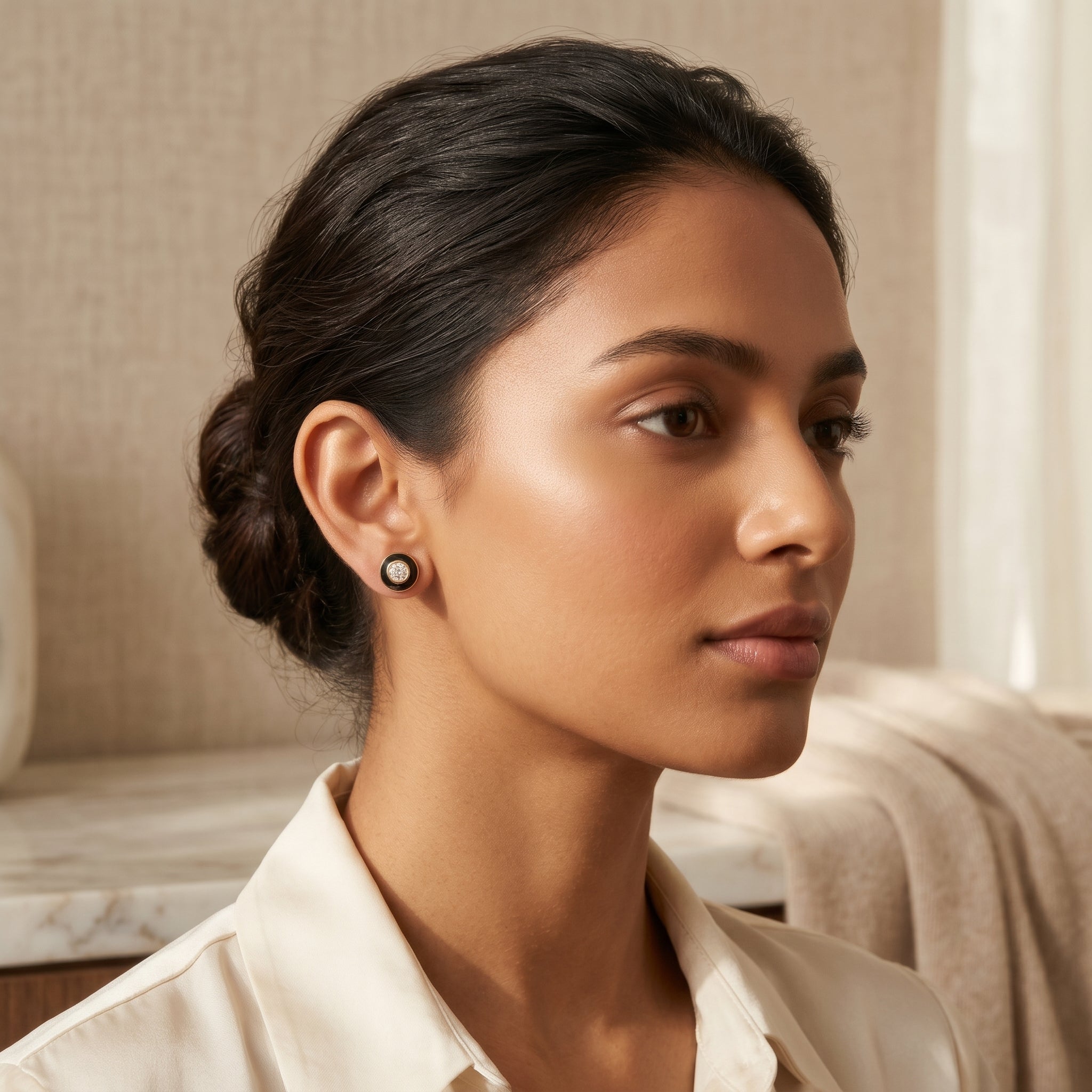 Black Enamel Bezel Crystal Stud Earrings
