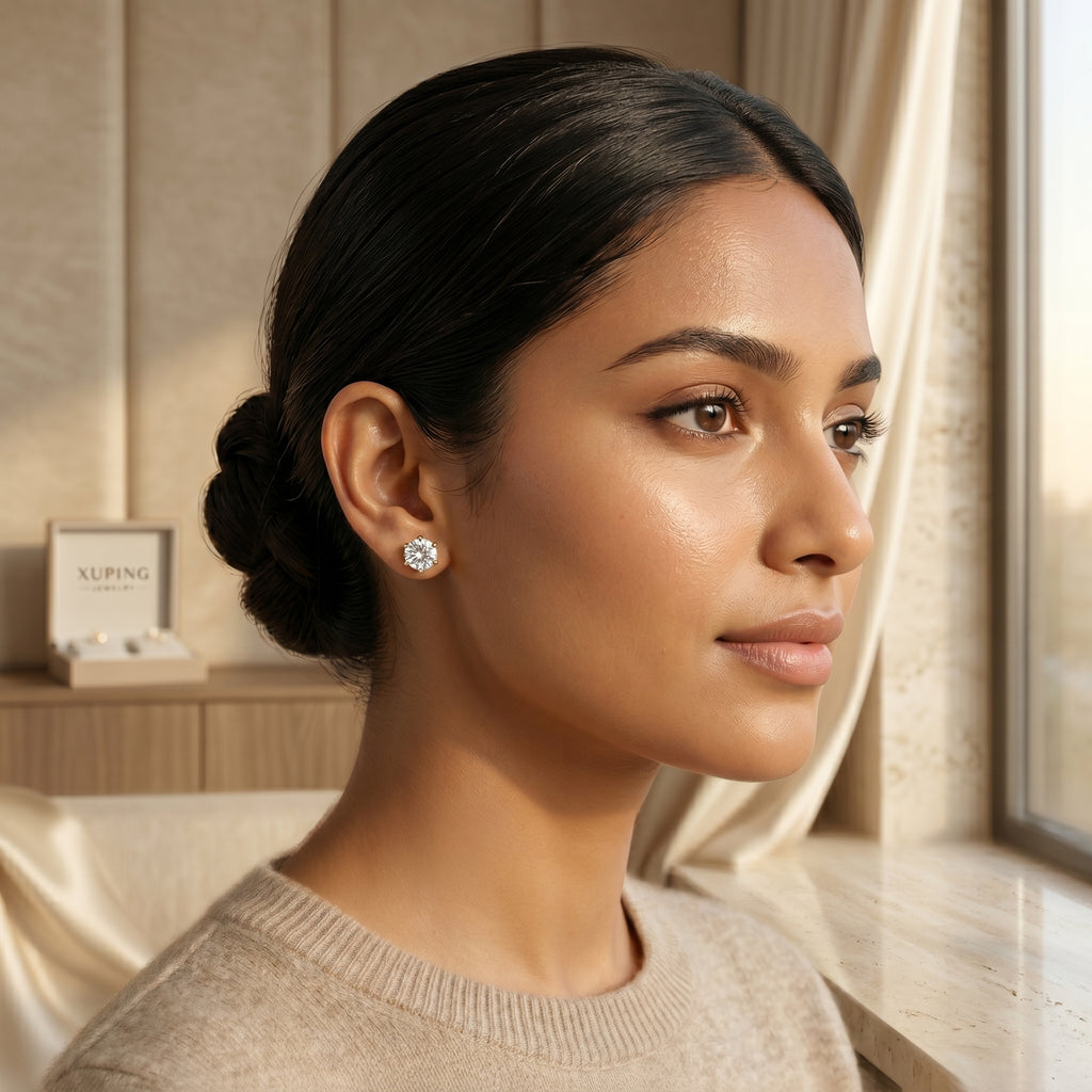Gold Round Crystal Six-Prong Stud Earrings