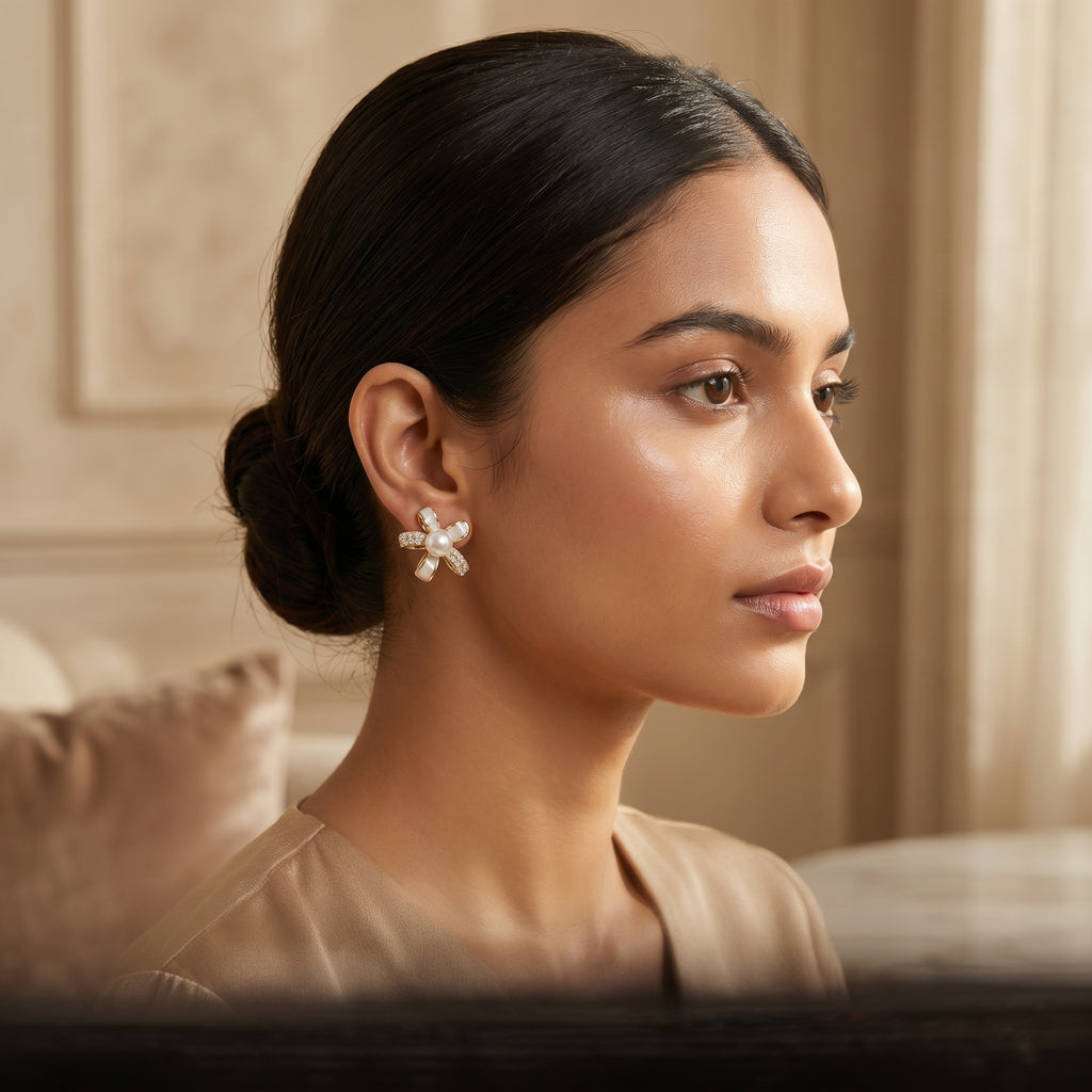 Gold White Enamel Pearl Flower Stud Earrings