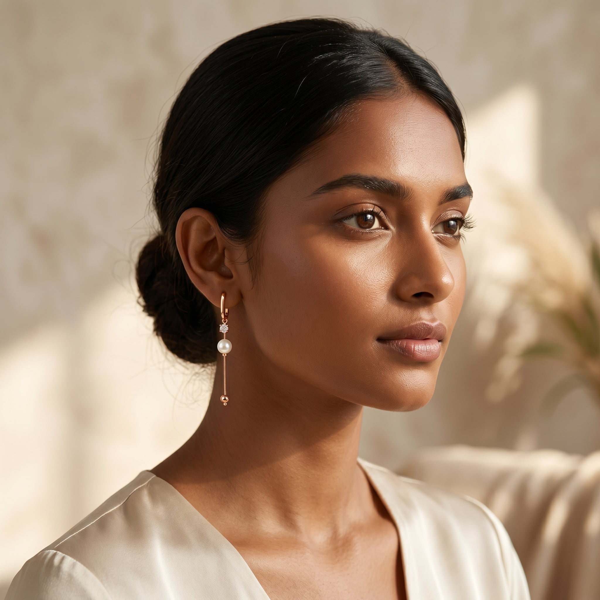 Rose Gold Pearl Drop Chain Dangle Earrings