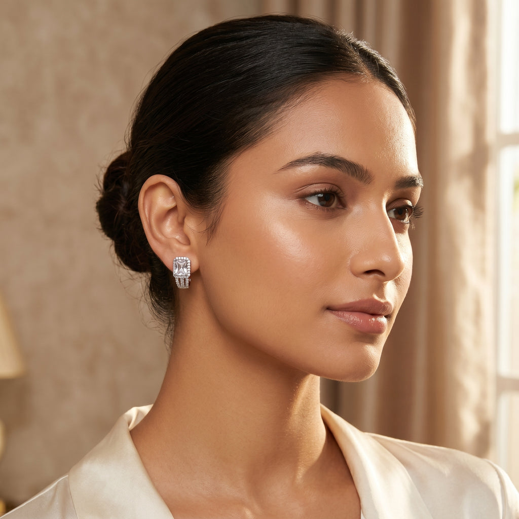 Emerald-Cut Crystal Halo Stud Earrings