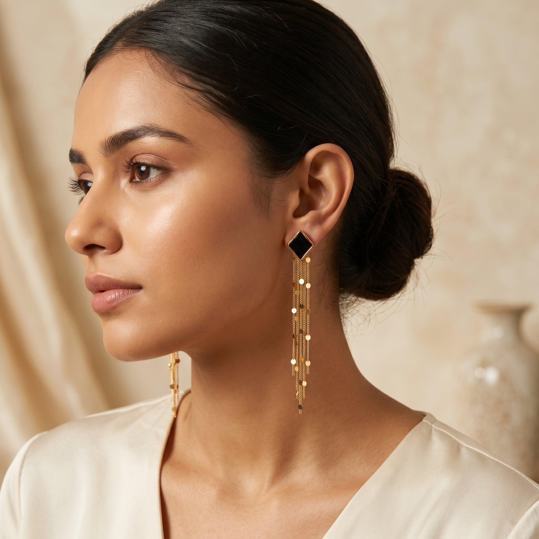 Black Diamond-Cut Stone Gold Chain Tassel Earrings