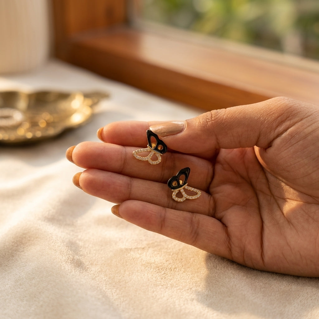 Black Enamel Gold Butterfly Stud Earrings