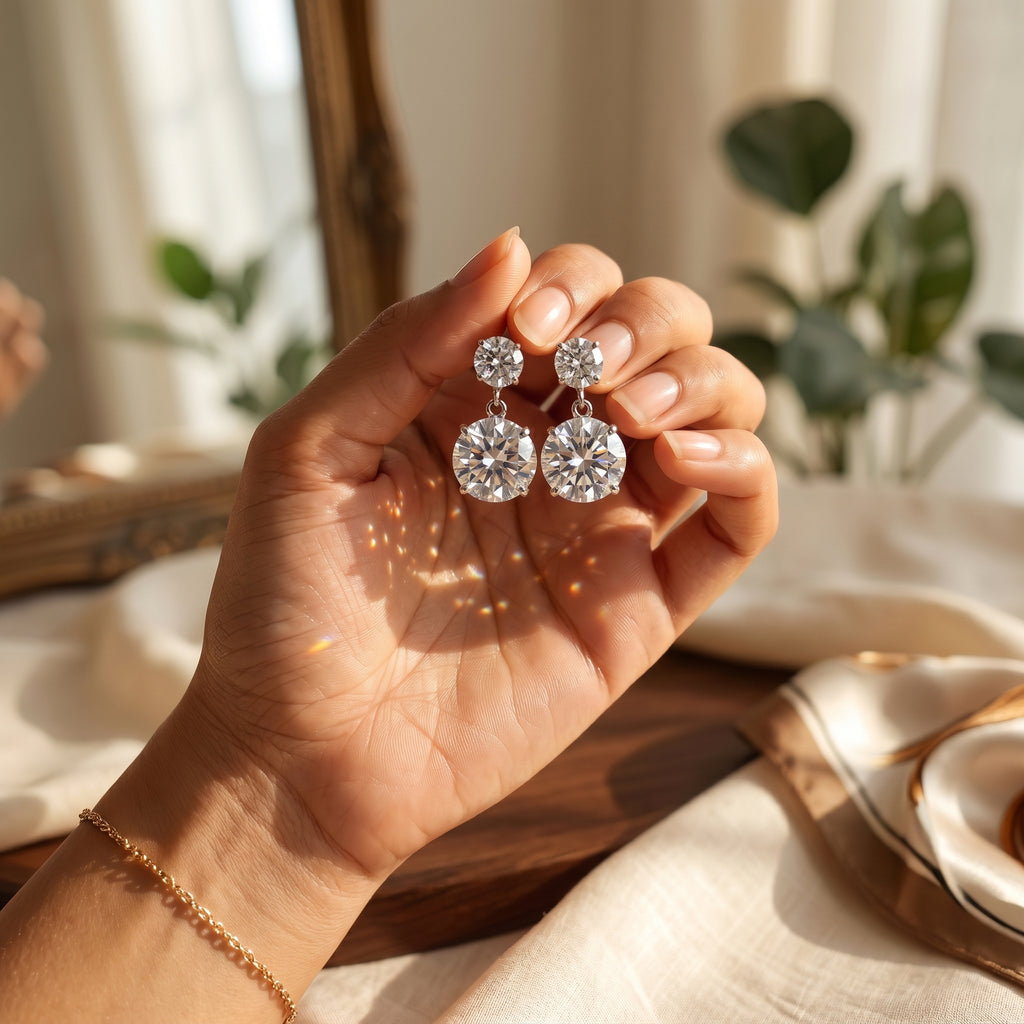 Double Round Crystal Drop Stud Earrings