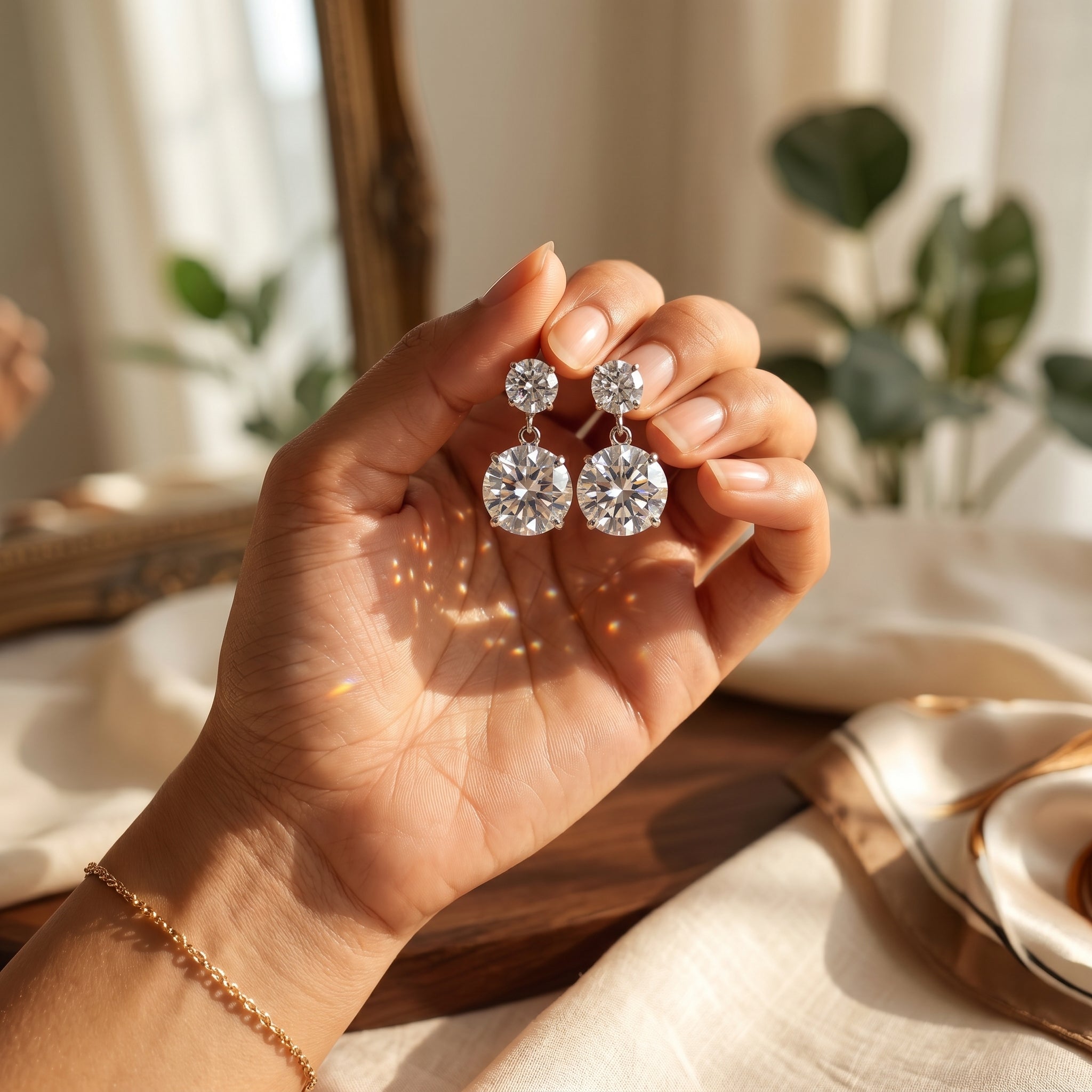 Double Round Crystal Drop Stud Earrings