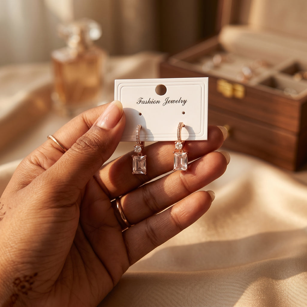 Rose Gold Emerald-Cut Crystal Drop Hoop Earrings