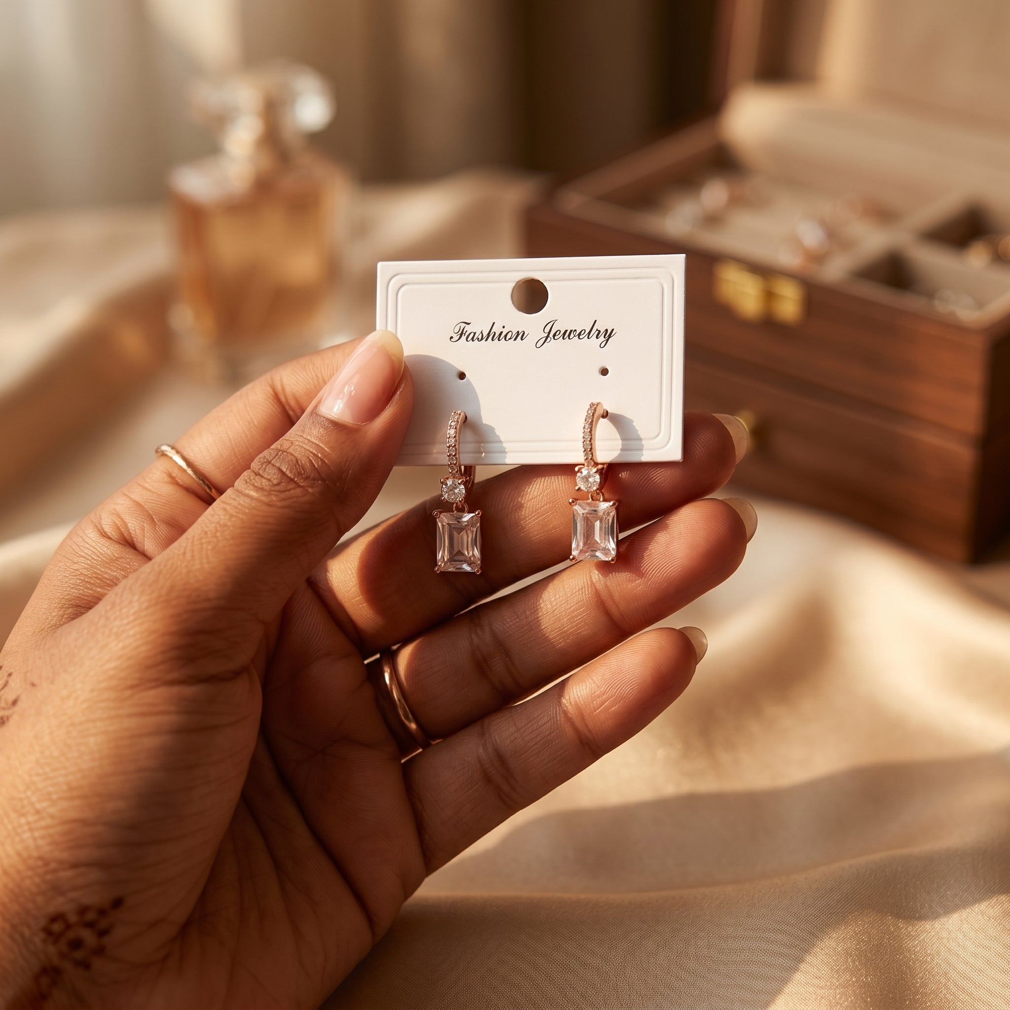 Rose Gold Emerald-Cut Crystal Drop Hoop Earrings
