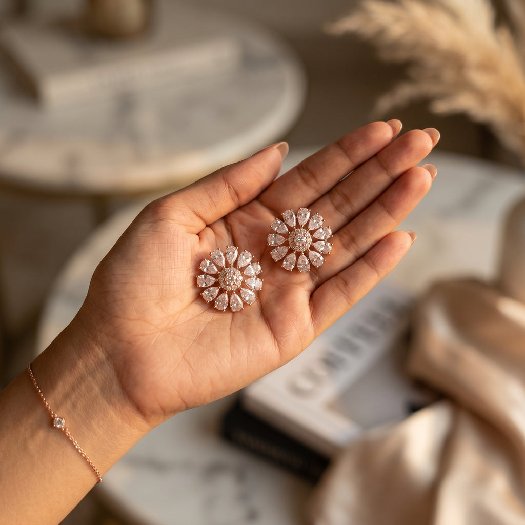 Rose Gold Layered Sunburst Flower Stud Earrings