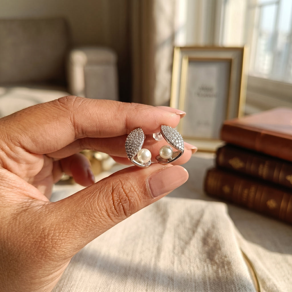 Pavé Leaf Pearl Wrap Stud Earrings