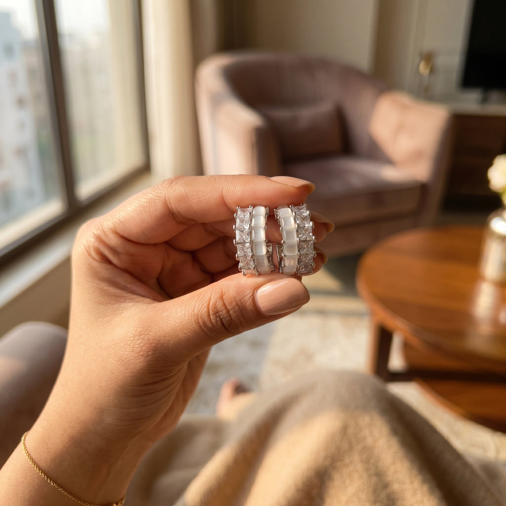 Silver Double-Row Princess-Cut Huggie Hoops Earrings