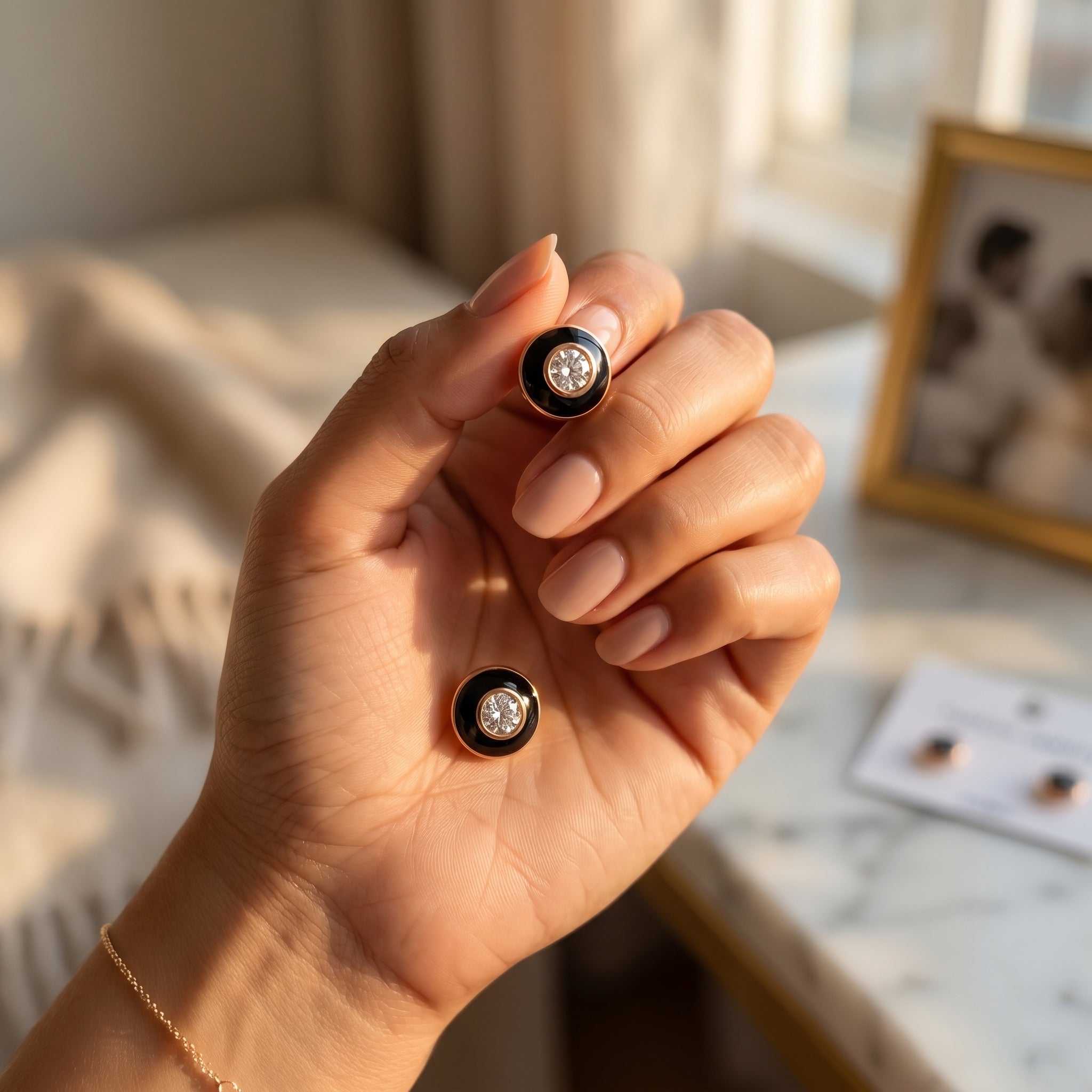 Black Enamel Bezel Crystal Stud Earrings