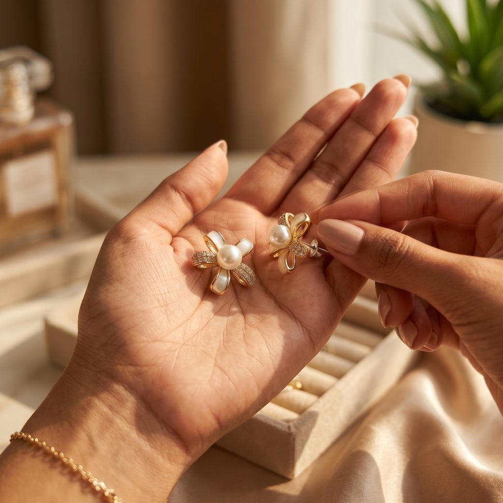 Gold White Enamel Pearl Flower Stud Earrings