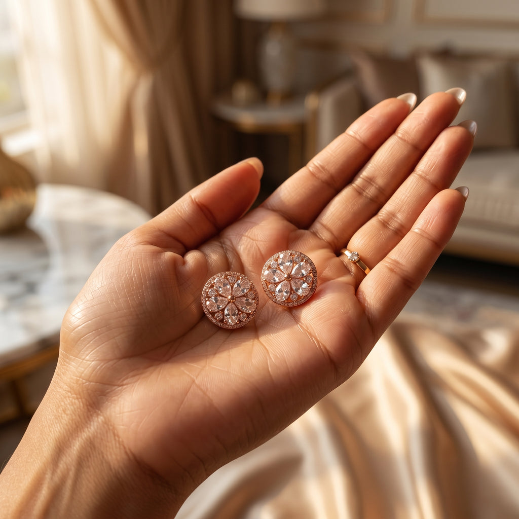 Rose Gold Marquise Flower Halo Stud Earrings