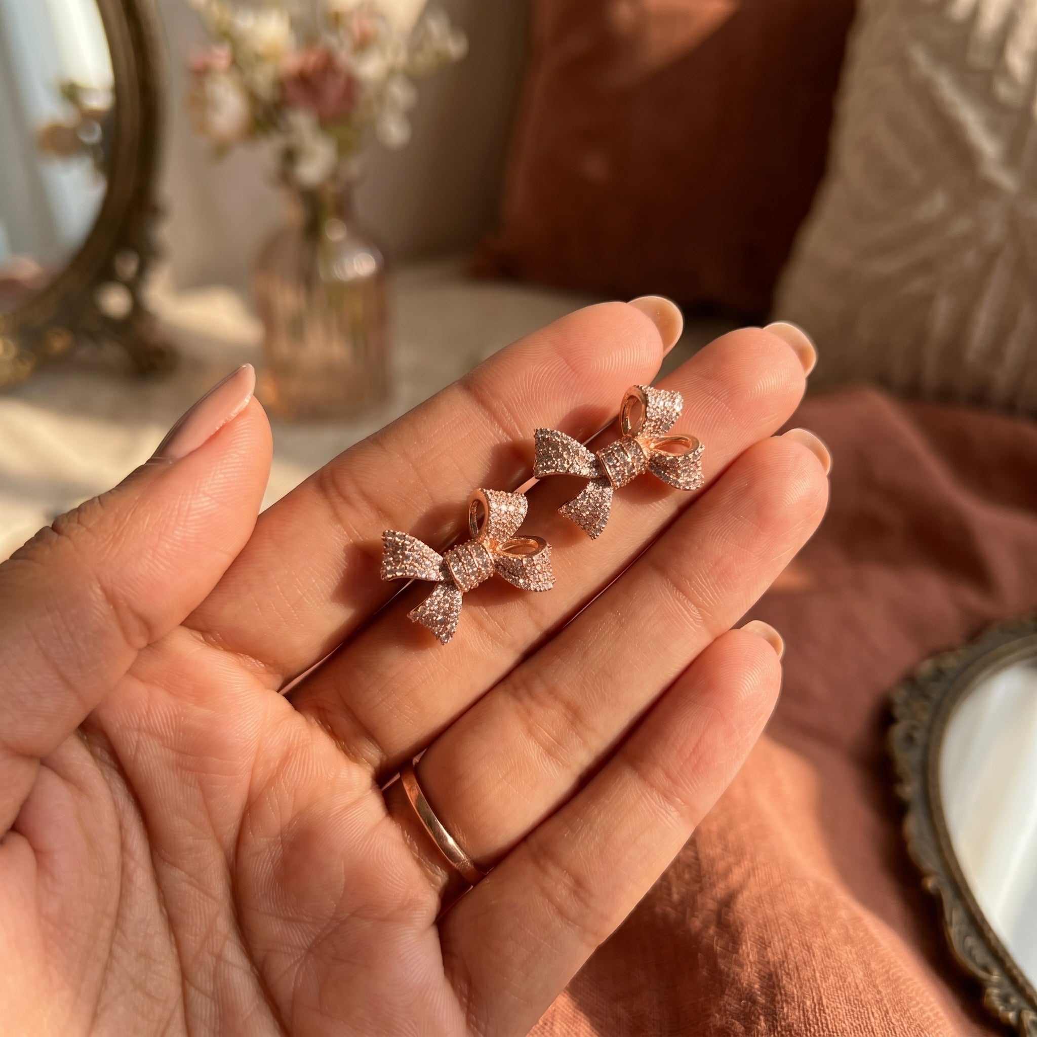 Rose Gold Pavé Bow Stud Earrings