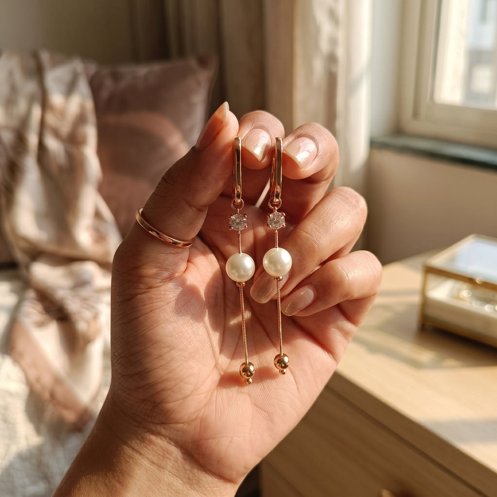 Rose Gold Pearl Drop Chain Dangle Earrings