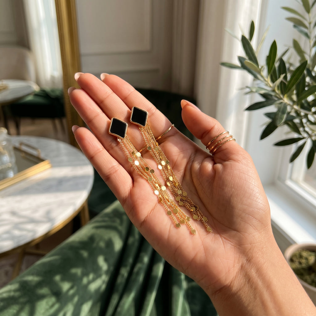 Black Diamond-Cut Stone Gold Chain Tassel Earrings