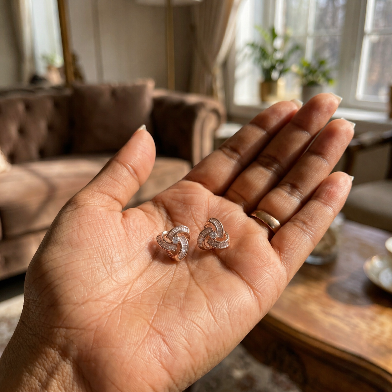 Rose Gold Trinity Knot Baguette CZ Stud Earrings