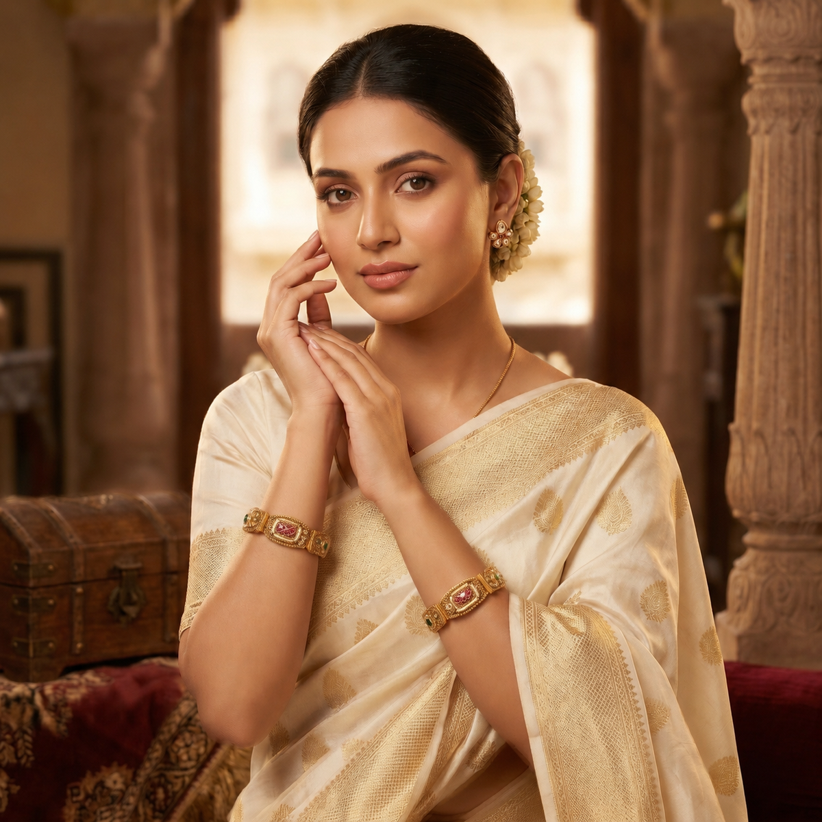 Gold Kundan Ruby Emerald Pearl Jali Kada Bangle