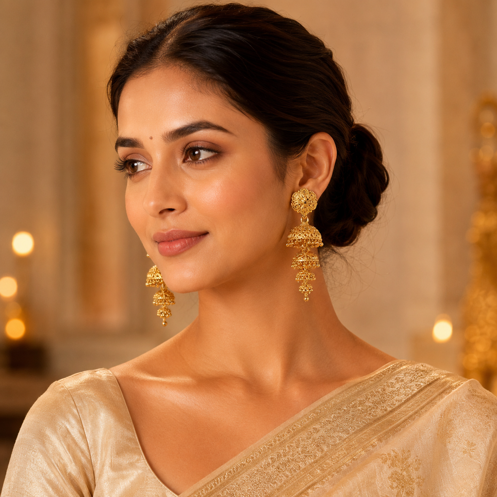 Gold Antique Double-Tier Jhumka Earrings