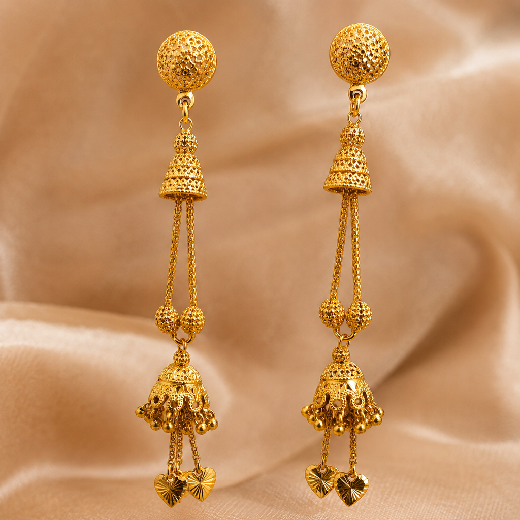 Gold Antique Tiered Bell Heart Drop Earrings