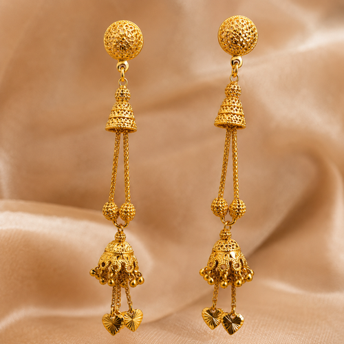 Gold Antique Tiered Bell Heart Drop Earrings