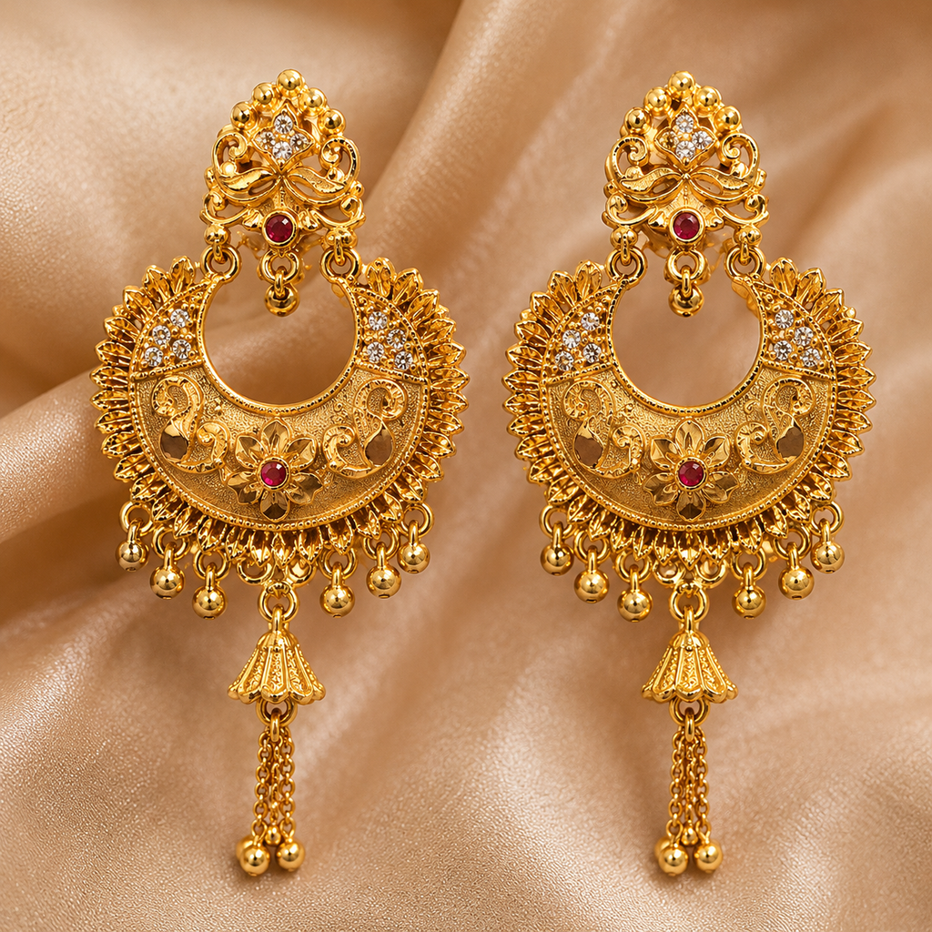 Gold Antique Ruby Chandbali Earrings