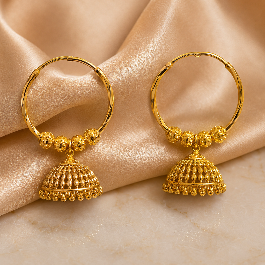 Gold Antique Beaded Hoop Jhumka Earrings