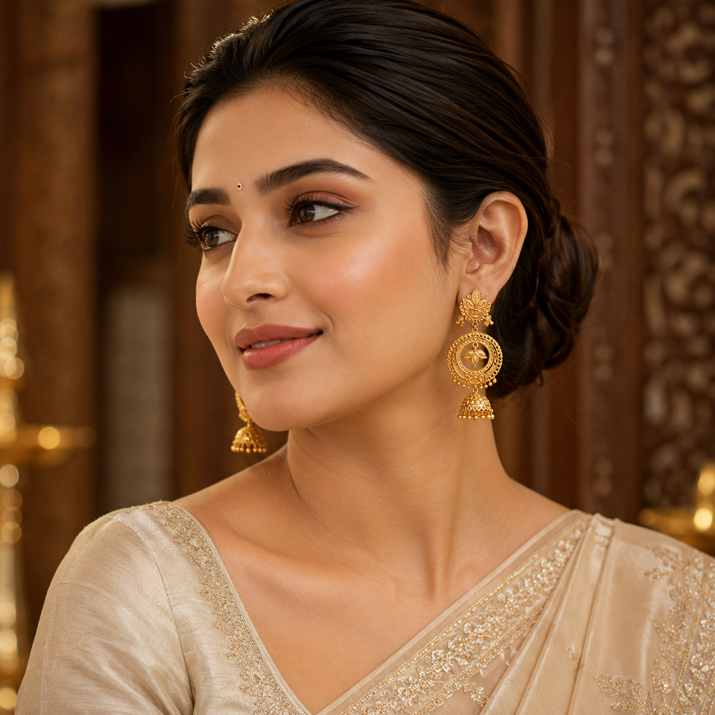 Gold Antique Round Filigree Medallion Jhumka Earrings
