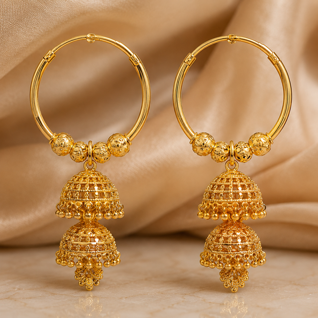 Gold Antique Hoop Double-Tier Beaded Jhumka Earrings