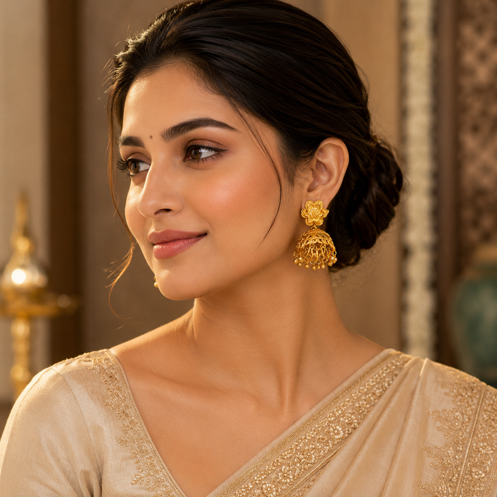 Gold Antique Six-Petal Floral Jhumka Earrings